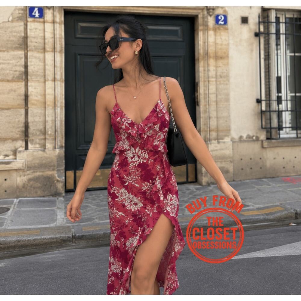 Zara NWT Pink Floral Strappy V Neck Side Slit Midi Slip Dress L XL - Picture 7 of 16